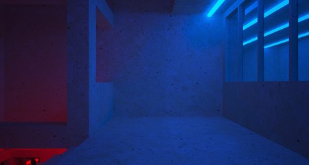 Abstract architectural concrete and white interior of a minimalist house with color gradient neon lighting. 3D illustration and rendering.