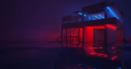 Abstract architectural concrete and white interior of a minimalist house with color gradient neon lighting. 3D illustration and rendering.