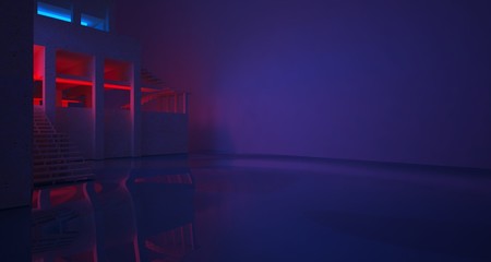 Naklejka premium Abstrakcyjny beton architektoniczny i białe wnętrze minimalistycznego domu z gradientowym oświetleniem neonowym. Ilustracja i renderowanie 3D.