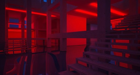 Abstract architectural concrete and white interior of a minimalist house with color gradient neon lighting. 3D illustration and rendering.