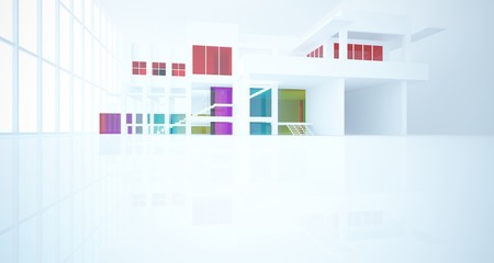 Abstract white minimalistic architectural interior with gradient color glass in window. 3D illustration and rendering.