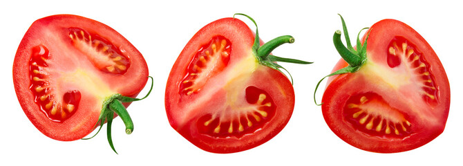 Tomato piece isolate. Сut tomato on white. Set of tomato slices. With clipping path.