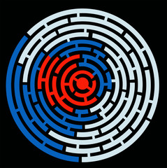 Geometric composition, the labyrinth of circles on a black background