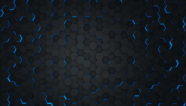 Background abstract black with lights blue in hexagon, wallpaper futuristic