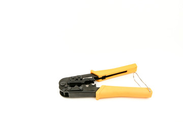 Twisted pair tool on white background with copy space. Twisted pair crimping tool.