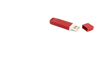 red opened usb flash drive on white background with copy space