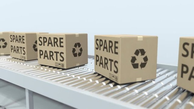 Cartons with spare parts on roller conveyor. Loopable 3D animation