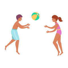 Fototapeta na wymiar Children boy and girl play with inflatable beach ball.