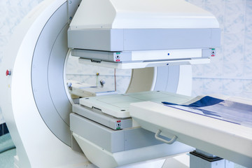 Gamma camera in the parlor of the clinic of nuclear medicine. Medical equipment in the hospital....