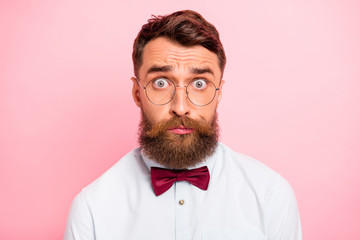 Close up photo portrait of cute humorous hipster person having big trouble staring at you isolated pastel background
