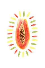 Watercolor papaya and abstract colorful spots. Isolated bright illustration on white. Hand painted fruit and brush strokes perfect for trendy design, poster, fabric textile, postcard, wallpaper