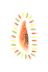 Watercolor papaya slice and abstract colorful spots. Isolated bright illustration on white. Hand painted fruit and brush strokes perfect for trendy design, poster, fabric textile, postcard, wallpaper