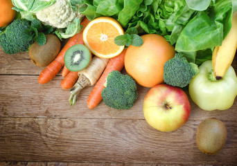 healthy food, fresh organic fruit and vegetable on table