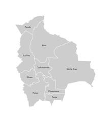 Vector isolated illustration of simplified administrative map of Bolivia. Borders and names of the departments (regions). Grey silhouettes. White outline