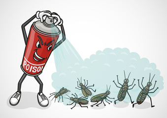 Cartoon spray can sprays poison on cockroaches.