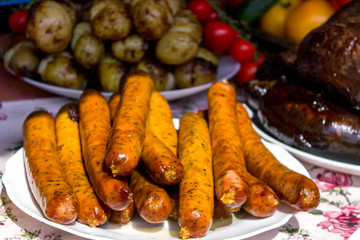 Delicious grilled sausages. Background of sausages.