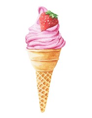 Watercolor strawberry ice-cream isolated on white background. Delicious hand drawn food illustration.
