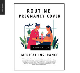 Medical insurance template -routine pregnancy cover -modern flat vector concept digital illustration of a pregnant woman at the obstetrician reception, tape measuring process, medical insurance plan