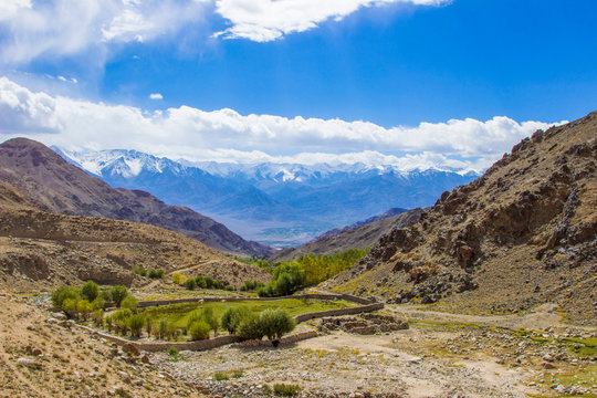 valley with view to Himalaya near Leh,Ladakh. European contries start devellopment assistance for irrigation projekts in the mountains