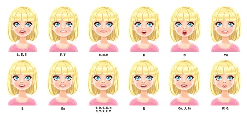 Cute cartoon pretty blond girl with short hair talking mouth animation. Female character speak mouths expressions