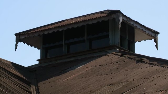 A daylight closeup shot of the roofing details of an elevated classical-style home showing a traditional built-in skylight above the pitched roof.