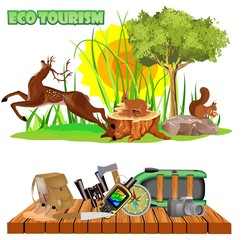 Ecotourism concept,  vacation deals design concept with bag and backpack, sunglasses,animals, etc.
