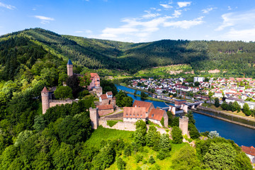Aerial view, Castle Hirschhorn at river Neckar, Odenwald, Hesse, Germany, © David Brown