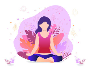 Girl is sitting in a lotus position. Trendy vector concept of fitness studio, meditation, self-improvement, controlling mind and emotions.