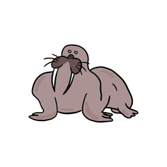 Cartoon walrus / sea-cow animal portrait. Hand drawn vector ink illustration isolated on white background. Childish style.