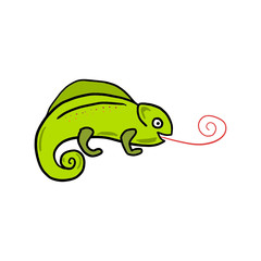 Cartoon chameleon animal portrait. Hand drawn vector ink illustration isolated on white background. Childish style.