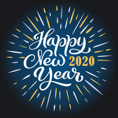 Happy New Year 2020 text. Fireworks vector illustration. Winter holidays greeting card.