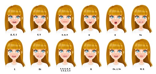 Fototapeta premium Cute cartoon blond girl talking mouth animation. Female character speak mouths expressions