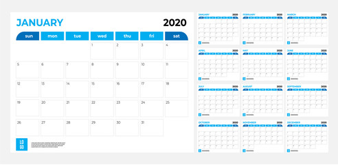 2020 Calendar - illustration. Template. Mock up