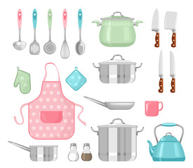 Set of kitchen utensils. Vector illustration of frying pan, saucepan, apron, oven mitts, knife, spoon, spatula, teapot and cup isolated on white background. Cooking Tools in cartoon simple flat style.