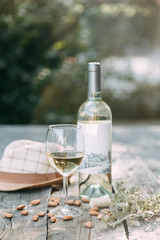 Bruschettes and a picnic with prosciutto. White wine with a glass in nature in Italy.