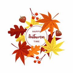 Happy autumn time text. Leaf fall vector illustration. 