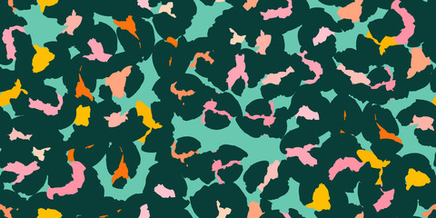 Leopard spots, hand-drawn abstract flowers seamless pattern design. Vector background