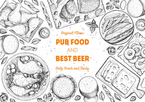 Pub Food Frame Vector Illustration. Beer, Meat, Fast Food And Snacks Hand Drawn. Food Set For Pub Design Top View. Vintage Engraved Illustration For Beer Restaurant For Beer Restaurant.