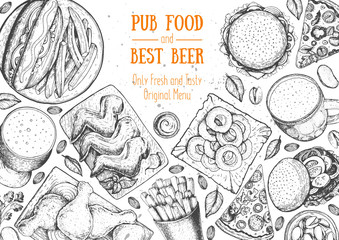 Pub food frame vector illustration. Beer, meat, pizza, fast food and snacks hand drawn. Food set for pub design top view. Vintage engraved illustration for beer restaurant for beer restaurant.