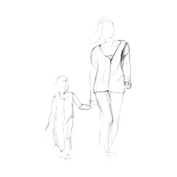 Outline pencil sketch of a young woman holding the hand of a small child.