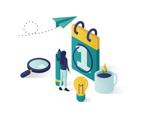 vector isometric illustration. isometric people characters make an schedule in the calendar. design business graphics tasks scheduling on a week vector isometric illustration