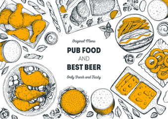 Pub food frame vector illustration. Beer, meat, fast food and snacks hand drawn. Food set for pub design top view. Vintage engraved illustration for beer restaurant for beer restaurant.