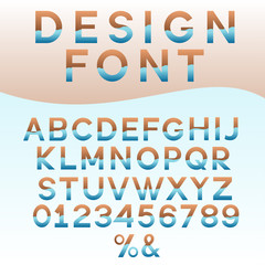 Modern design alphabet font, numbers and symbols. Combination of blue and brown. Vector illustration