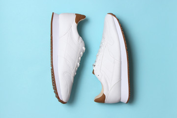 men's sneakers on a colored background top view. men's footwear. minimalism
