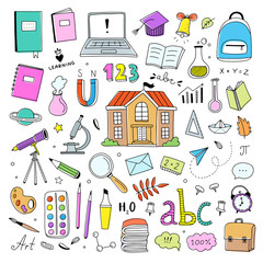 Hand drawn colored school icons on white background. Vector sketch back to school learning illustration set