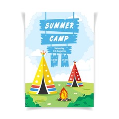 Summer camp colorful vertical vector advertisement poster template for printing and web. Two wigwam or teepee like tents and campfire in the meadow. Children outdoor scout summer activity. © kpdmedia