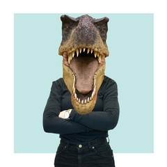 Contemporary art collage or portrait of surprised tyrannosaurus rex headed woman. Modern style pop zine culture concept.