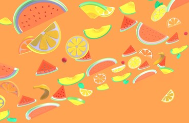 3d illustration of varied fruits in a dynamic composition with bright colors on orange background