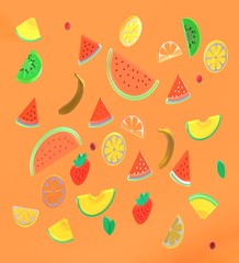 3d illustration of varied fruits in a dynamic composition with bright colors on orange background