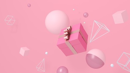 Gift box on light pink background with ribbon, bow and flying geometric objects - abstraction, greeting card. Present box for women's day,birthday,valentine's day, surprise- 3d render, illustration. 